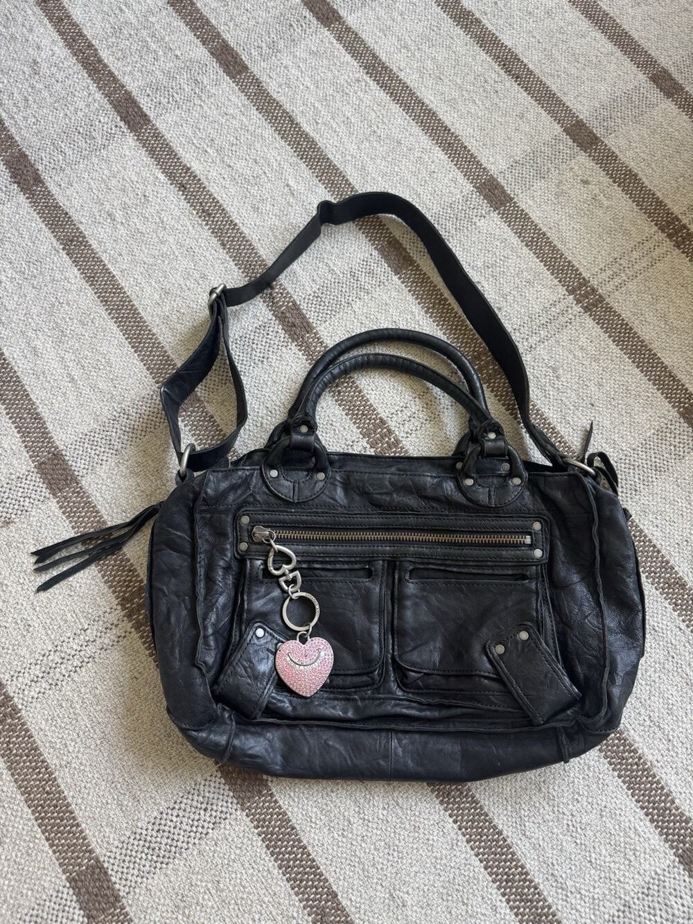 Y2K Juicy Couture Black Leather Large Purse Downtown Royal Tote Crossbody USA